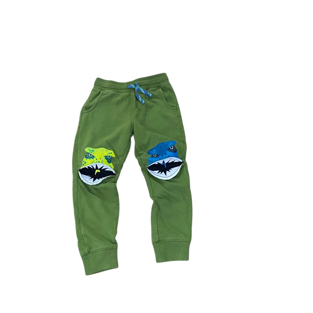 Kids 5T Dino Joggers Green Drawstring Pants Dinosaur Knee Sweatpants easy On